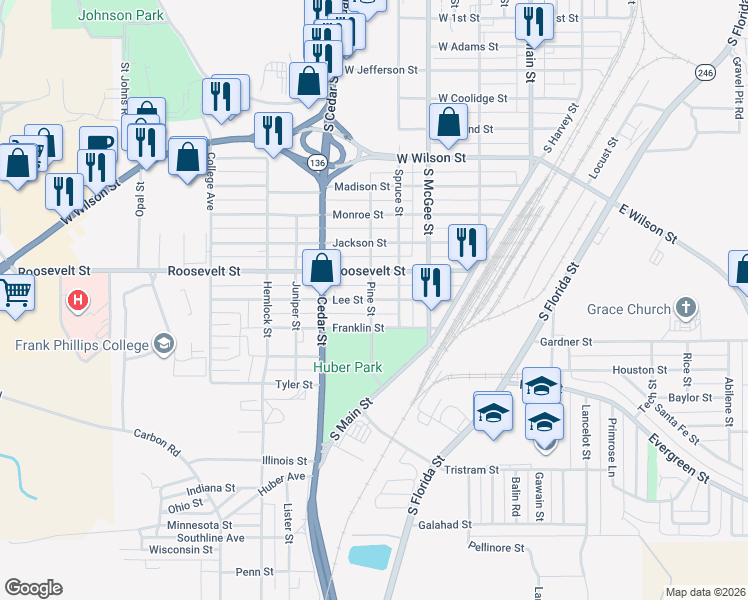 map of restaurants, bars, coffee shops, grocery stores, and more near 1000 Pine Street in Borger