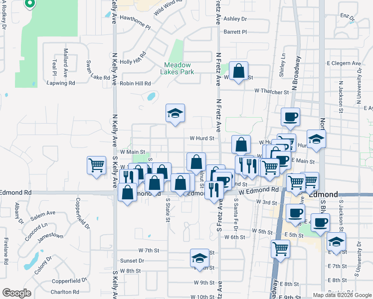 map of restaurants, bars, coffee shops, grocery stores, and more near 410 West Hurd Street in Edmond