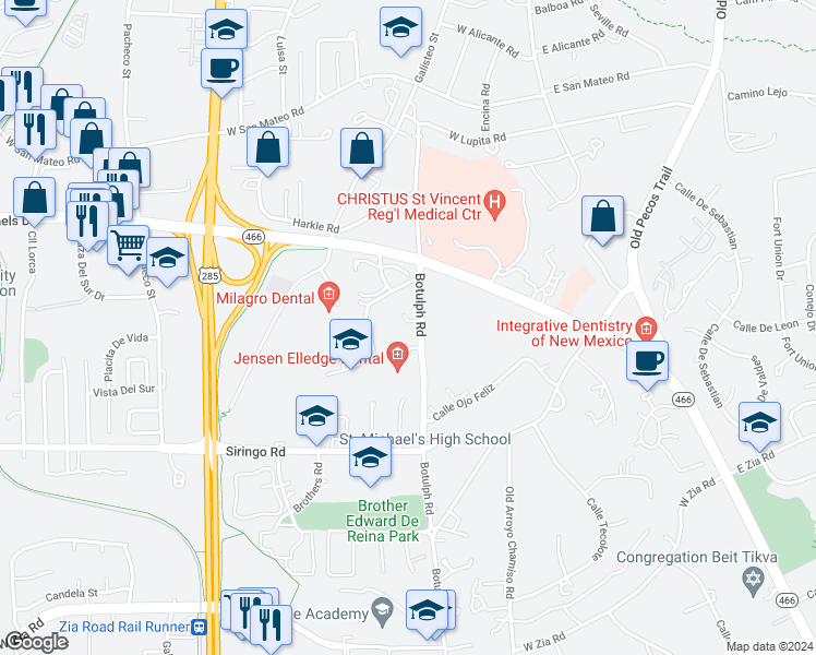 map of restaurants, bars, coffee shops, grocery stores, and more near 400 Botulph Lane in Santa Fe
