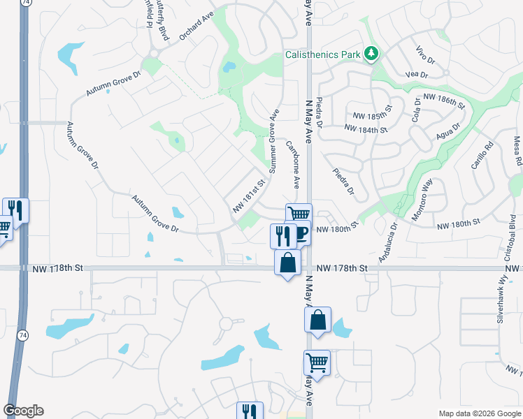 map of restaurants, bars, coffee shops, grocery stores, and more near 3024 Northwest 181st Street in Edmond