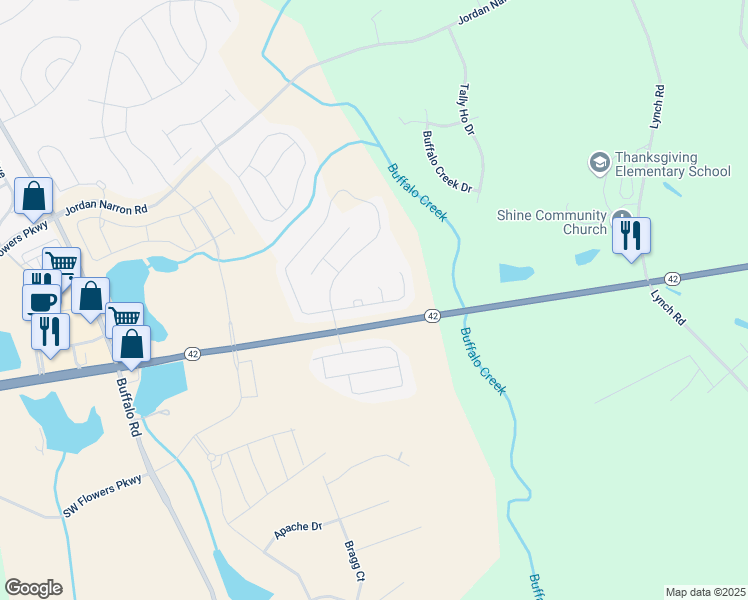 map of restaurants, bars, coffee shops, grocery stores, and more near 47 Bowhill Drive in Clayton