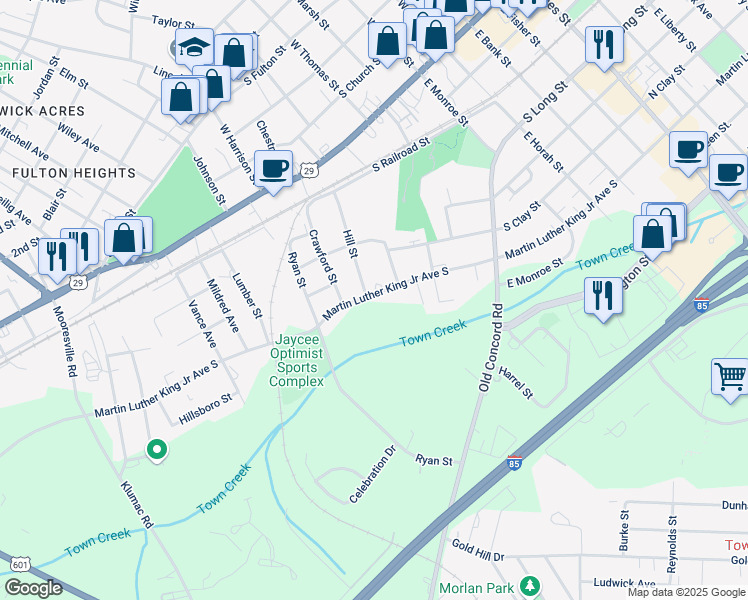 map of restaurants, bars, coffee shops, grocery stores, and more near 77 Hill Street in Salisbury