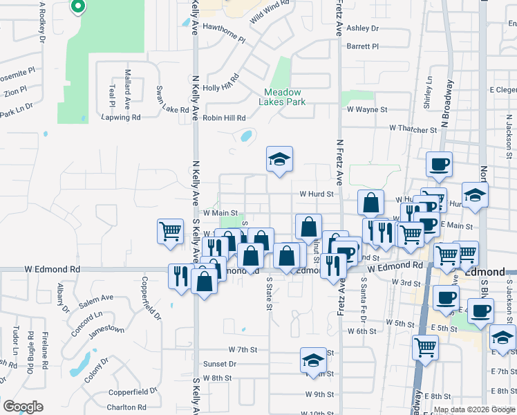 map of restaurants, bars, coffee shops, grocery stores, and more near 607 West Main Street in Edmond