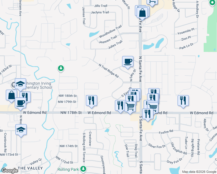 map of restaurants, bars, coffee shops, grocery stores, and more near 2612 Lost Trail Road in Edmond
