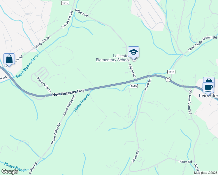 map of restaurants, bars, coffee shops, grocery stores, and more near 2962 New Leicester Highway in Leicester