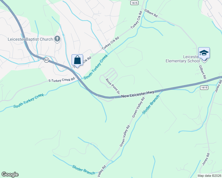map of restaurants, bars, coffee shops, grocery stores, and more near 92 Rose Creek Road in Leicester