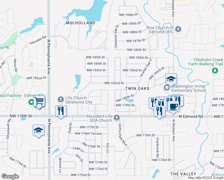 map of restaurants, bars, coffee shops, grocery stores, and more near 18129 Chestnut Oak Drive in Edmond