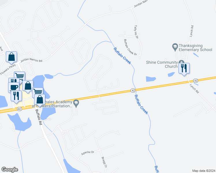 map of restaurants, bars, coffee shops, grocery stores, and more near 47 Bowhill Drive in Clayton