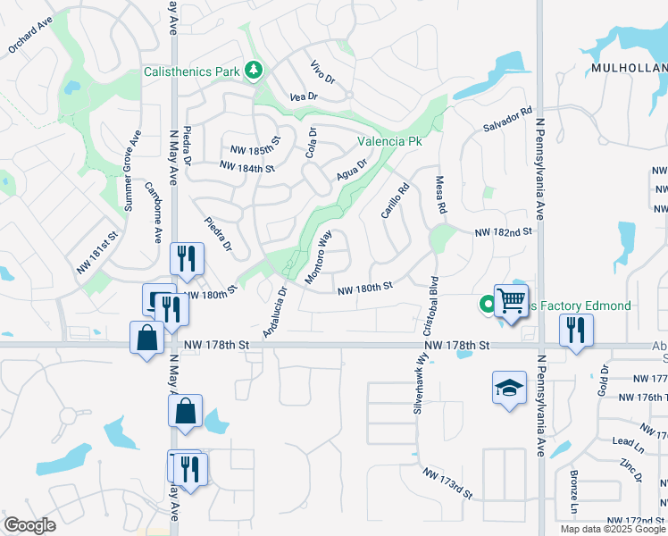 map of restaurants, bars, coffee shops, grocery stores, and more near 2517 Northwest 181st Street in Edmond