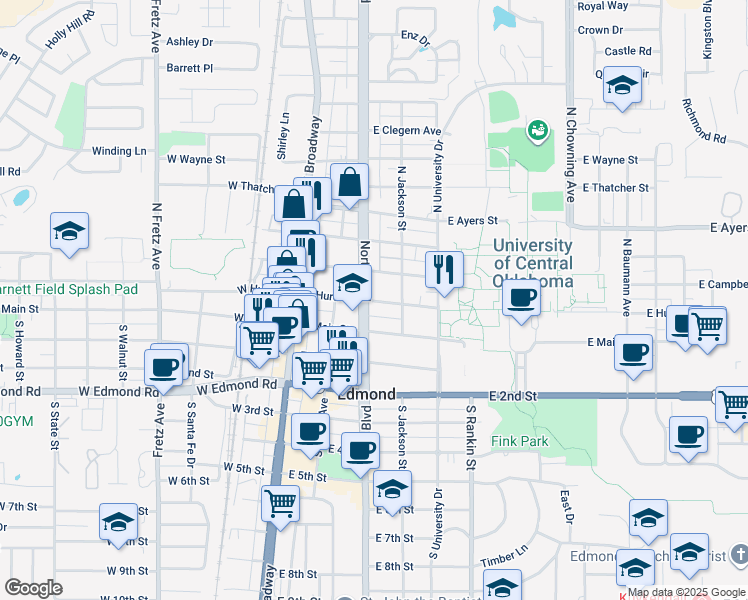 map of restaurants, bars, coffee shops, grocery stores, and more near 209 East Hurd Street in Edmond