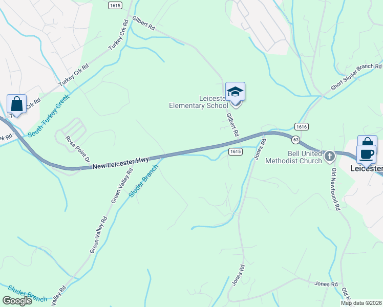 map of restaurants, bars, coffee shops, grocery stores, and more near 2962 New Leicester Highway in Leicester