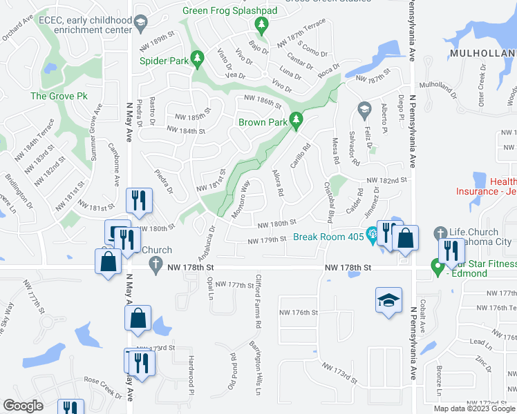 map of restaurants, bars, coffee shops, grocery stores, and more near 2509 Northwest 181st Street in Edmond