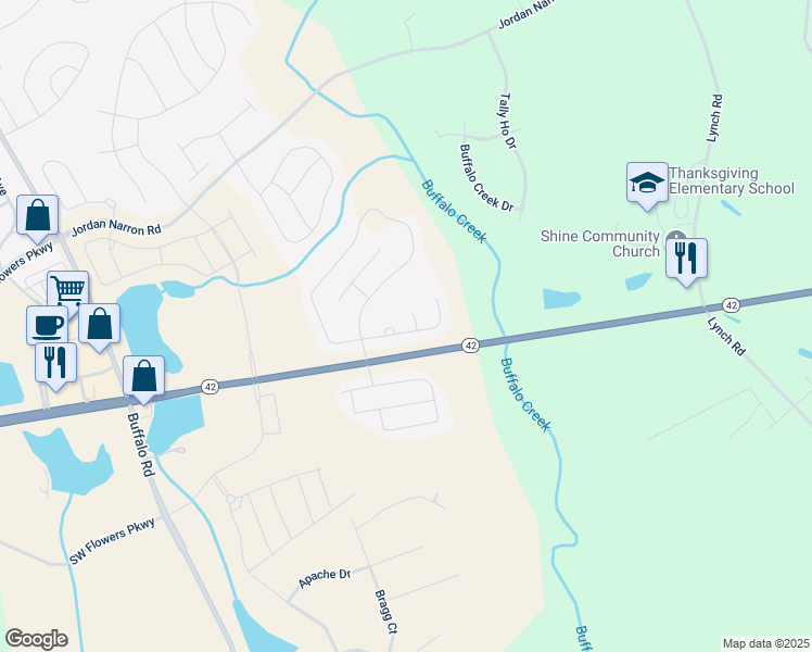 map of restaurants, bars, coffee shops, grocery stores, and more near 47 Bowhill Drive in Clayton