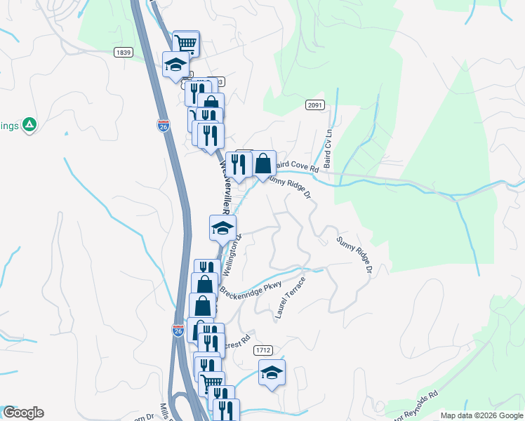 map of restaurants, bars, coffee shops, grocery stores, and more near 124 Naples Road in Asheville