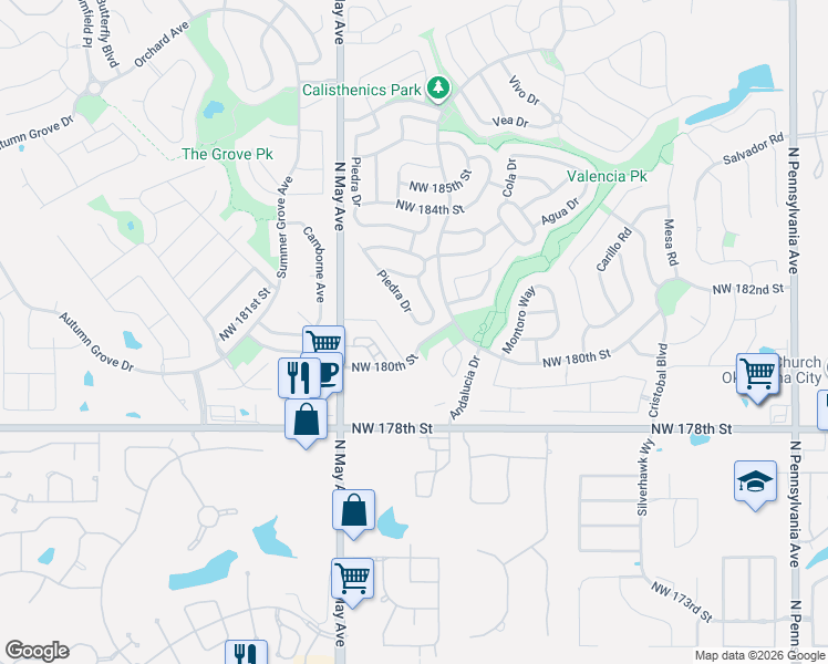 map of restaurants, bars, coffee shops, grocery stores, and more near 18121 Piedra Drive in Edmond