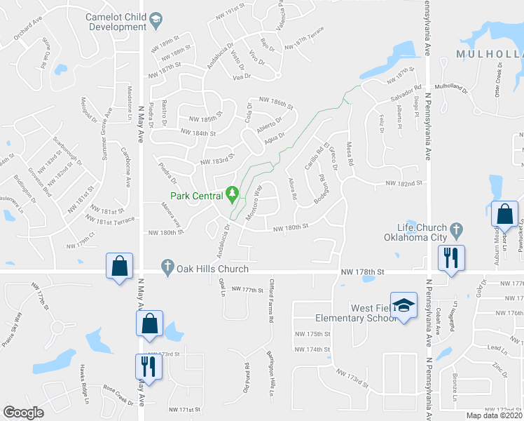 map of restaurants, bars, coffee shops, grocery stores, and more near 2525 Northwest 181st Street in Edmond