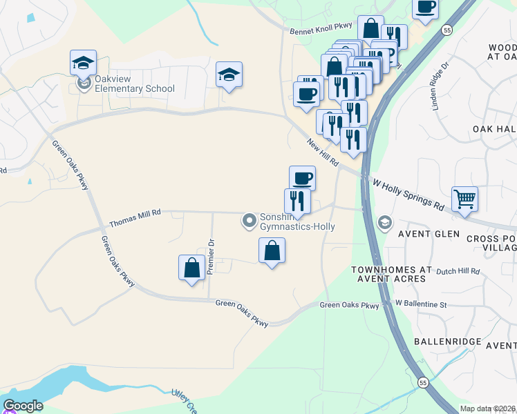 map of restaurants, bars, coffee shops, grocery stores, and more near 168 Thomas Mill Road in Holly Springs