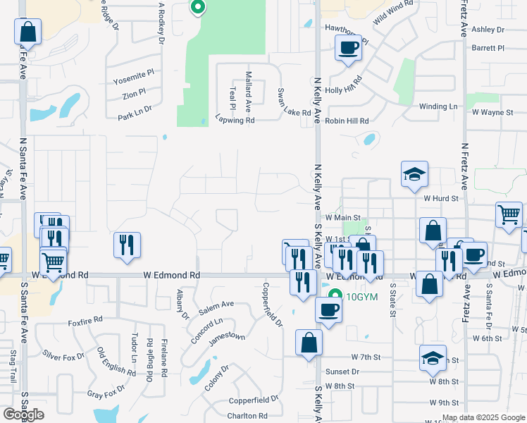 map of restaurants, bars, coffee shops, grocery stores, and more near 100 Jennifer Avenue in Edmond