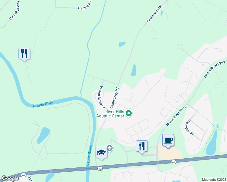 map of restaurants, bars, coffee shops, grocery stores, and more near 635 Castleberry Road in Clayton