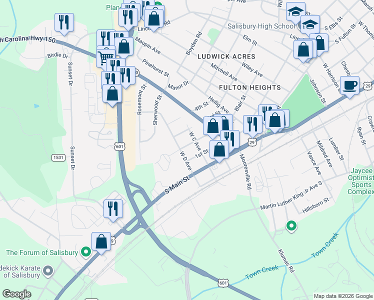 map of restaurants, bars, coffee shops, grocery stores, and more near 1816 2nd Street in Salisbury
