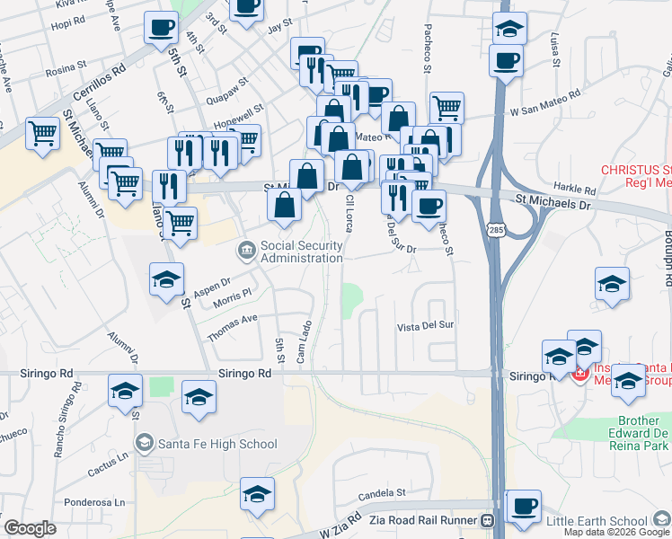 map of restaurants, bars, coffee shops, grocery stores, and more near 2044 Calle Lorca in Santa Fe