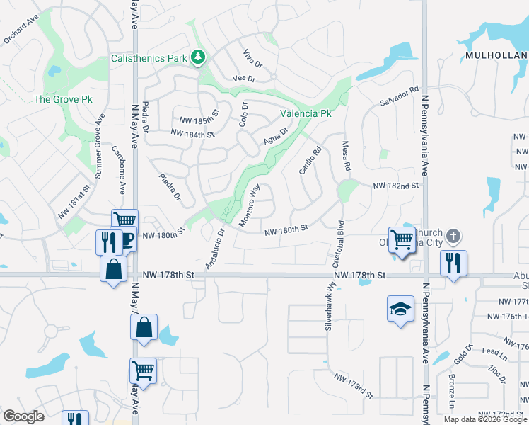 map of restaurants, bars, coffee shops, grocery stores, and more near 2520 Northwest 182nd Street in Edmond