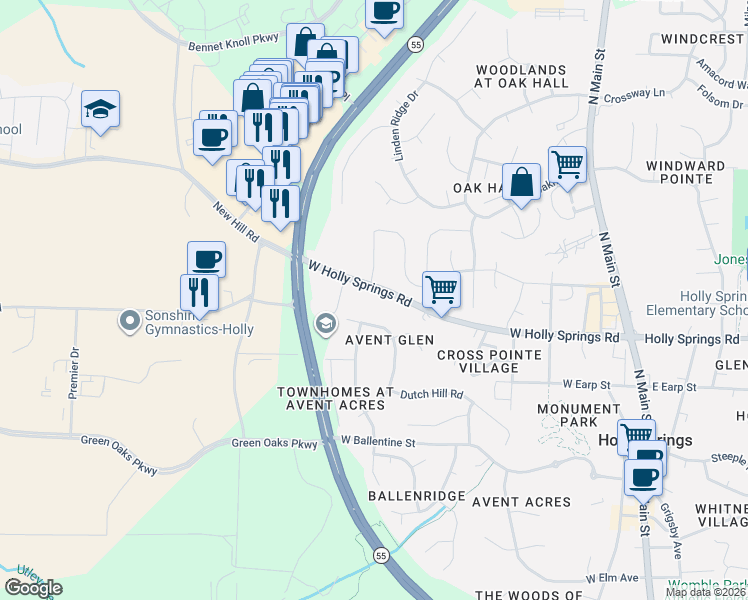 map of restaurants, bars, coffee shops, grocery stores, and more near 767 West Holly Springs Road in Holly Springs