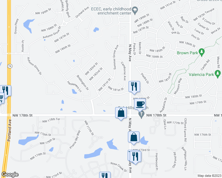 map of restaurants, bars, coffee shops, grocery stores, and more near 2945 Northwest 181st Street in Edmond