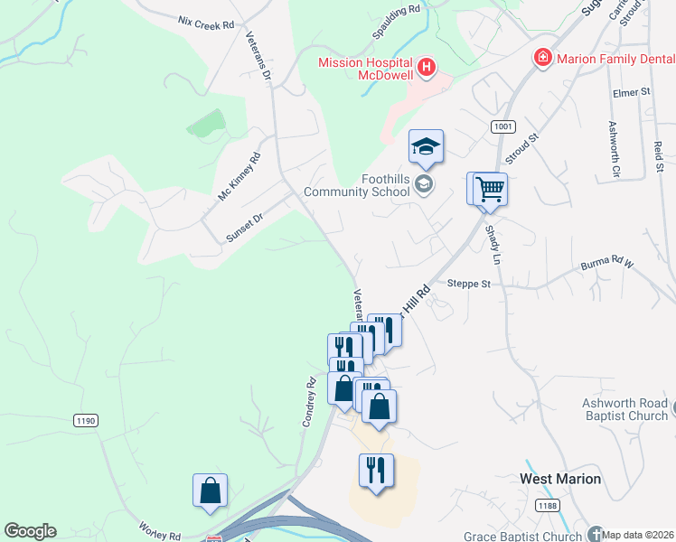 map of restaurants, bars, coffee shops, grocery stores, and more near 233 Veterans Drive in Marion