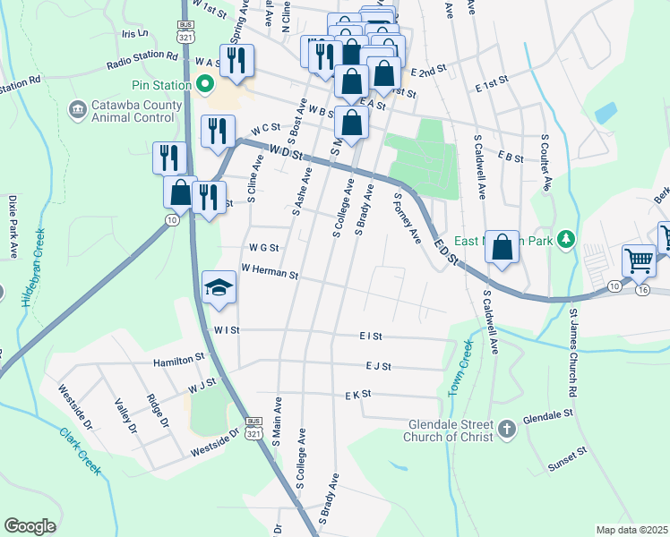 map of restaurants, bars, coffee shops, grocery stores, and more near 605 South College Avenue in Newton