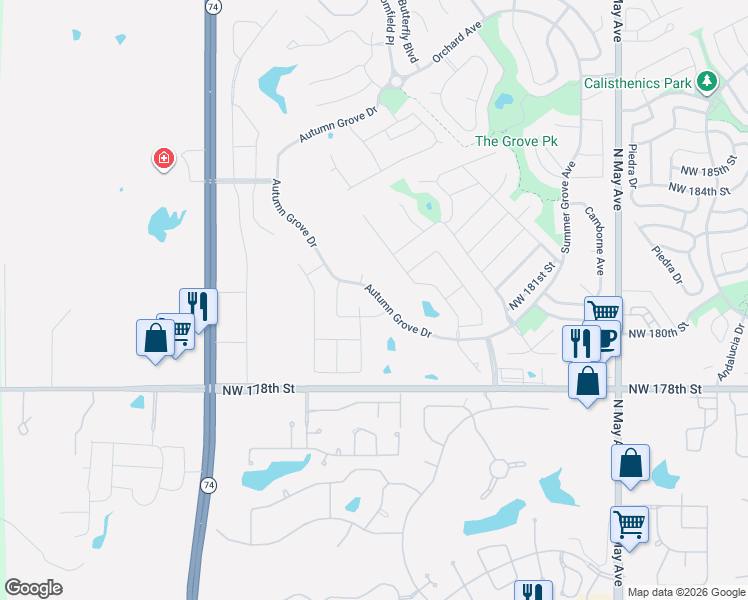 map of restaurants, bars, coffee shops, grocery stores, and more near 18220 Autumn Grove Drive in Edmond