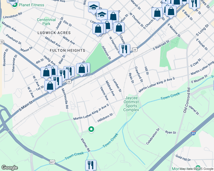map of restaurants, bars, coffee shops, grocery stores, and more near 307 Mildred Avenue in Salisbury