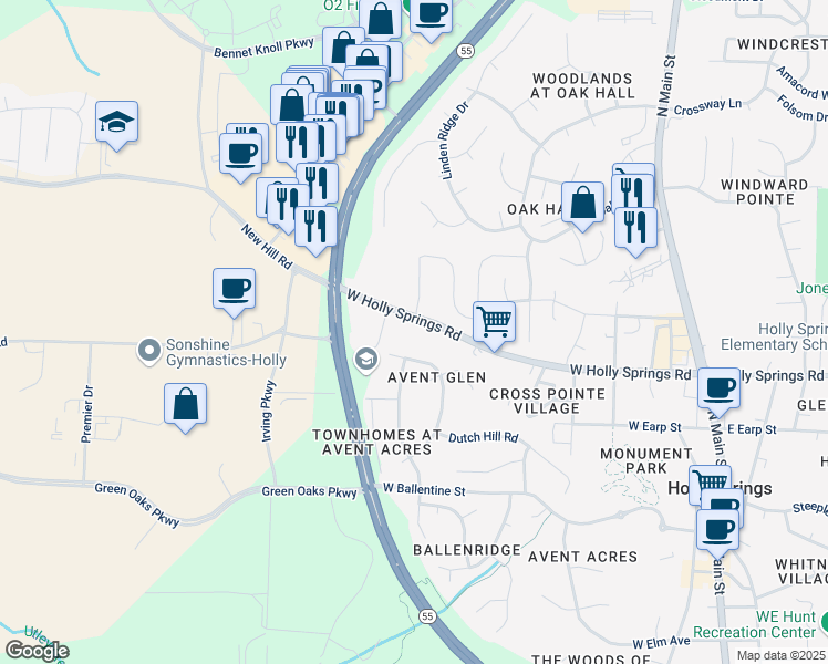 map of restaurants, bars, coffee shops, grocery stores, and more near 767 West Holly Springs Road in Holly Springs