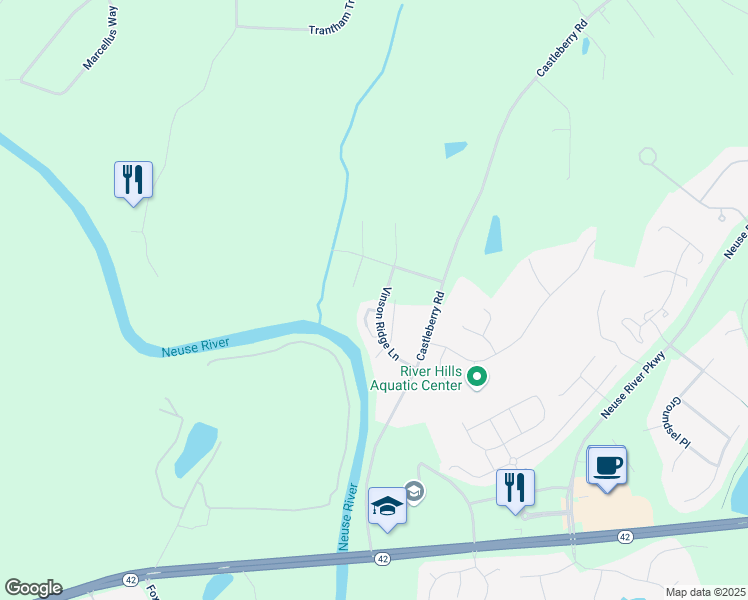 map of restaurants, bars, coffee shops, grocery stores, and more near 165 Vinson Ridge Lane in Clayton