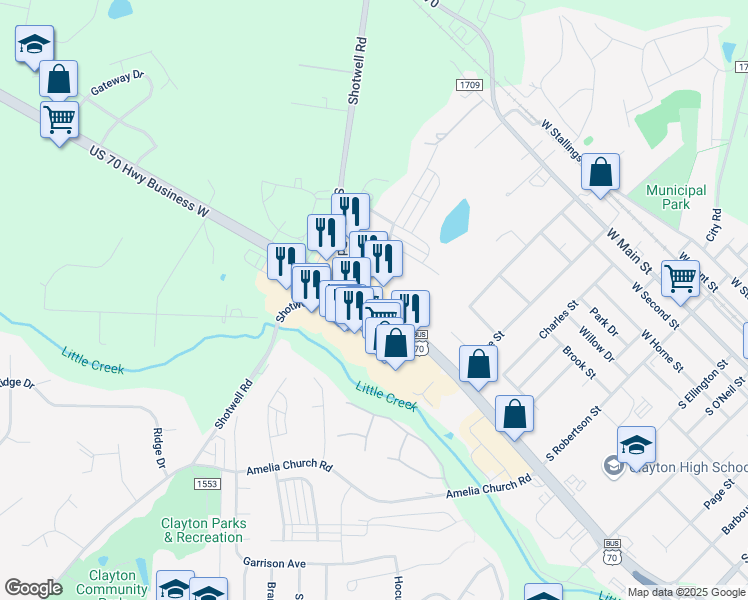map of restaurants, bars, coffee shops, grocery stores, and more near 770 Enterprise Drive in Clayton