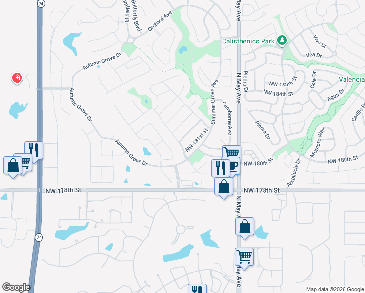 map of restaurants, bars, coffee shops, grocery stores, and more near 3052 Northwest 182nd Terrace in Edmond