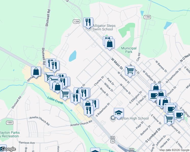 map of restaurants, bars, coffee shops, grocery stores, and more near 320 South Moore Street in Clayton