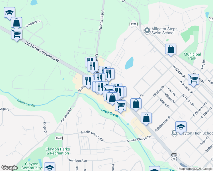 map of restaurants, bars, coffee shops, grocery stores, and more near 770 Enterprise Drive in Clayton