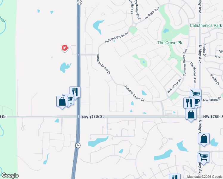 map of restaurants, bars, coffee shops, grocery stores, and more near 18313 Autumn Grove Drive in Edmond