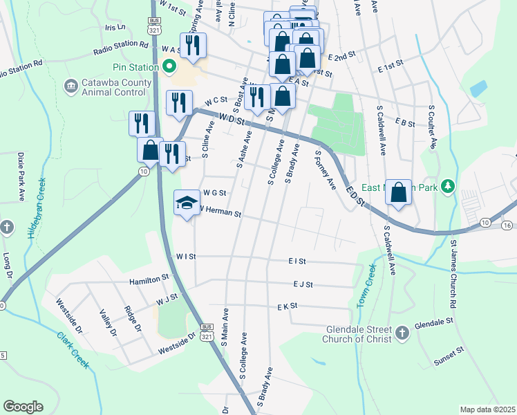 map of restaurants, bars, coffee shops, grocery stores, and more near 605 South College Avenue in Newton