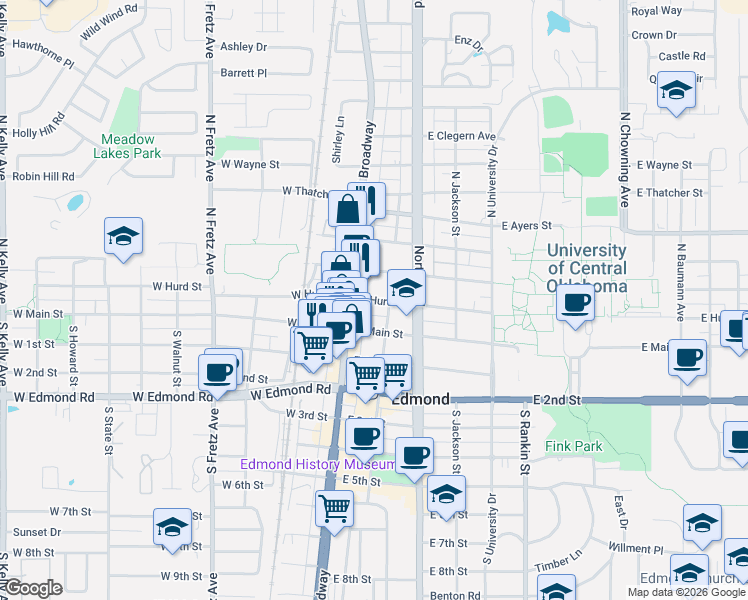 map of restaurants, bars, coffee shops, grocery stores, and more near 106 East Hurd Street in Edmond