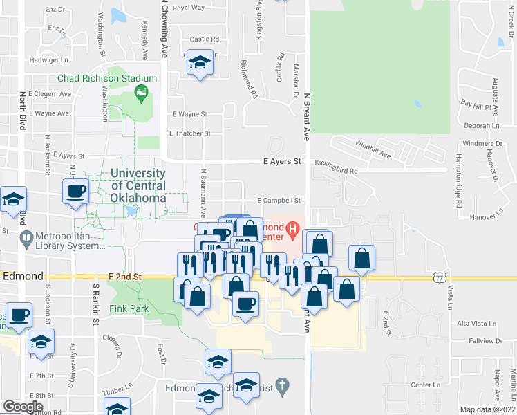map of restaurants, bars, coffee shops, grocery stores, and more near 117 North Hortense Avenue in Edmond