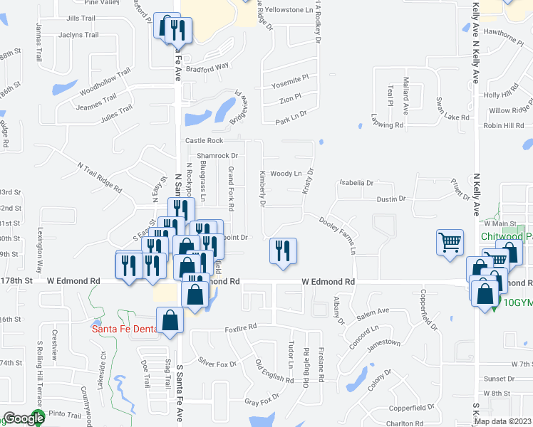 map of restaurants, bars, coffee shops, grocery stores, and more near 124 Kimberly Drive in Edmond