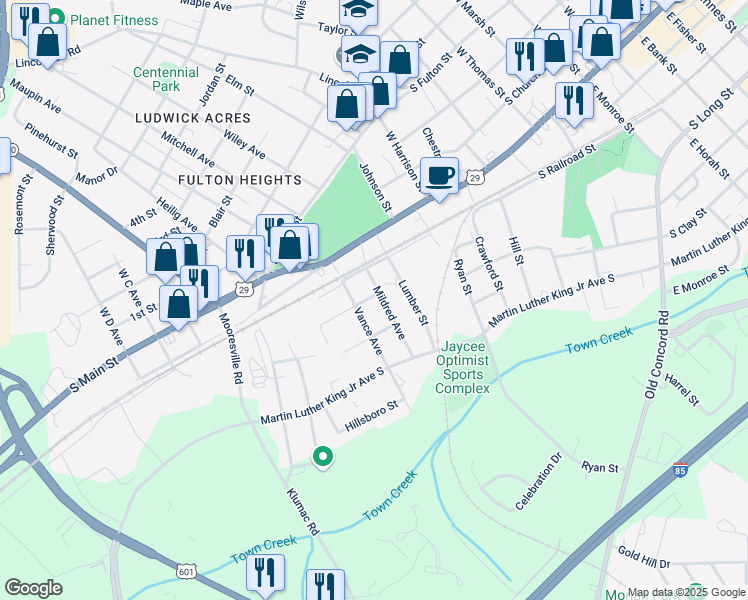 map of restaurants, bars, coffee shops, grocery stores, and more near 307 Mildred Avenue in Salisbury