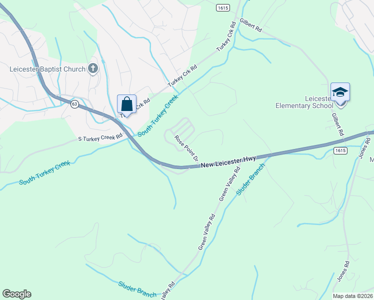 map of restaurants, bars, coffee shops, grocery stores, and more near 92 Rose Creek Road in Leicester