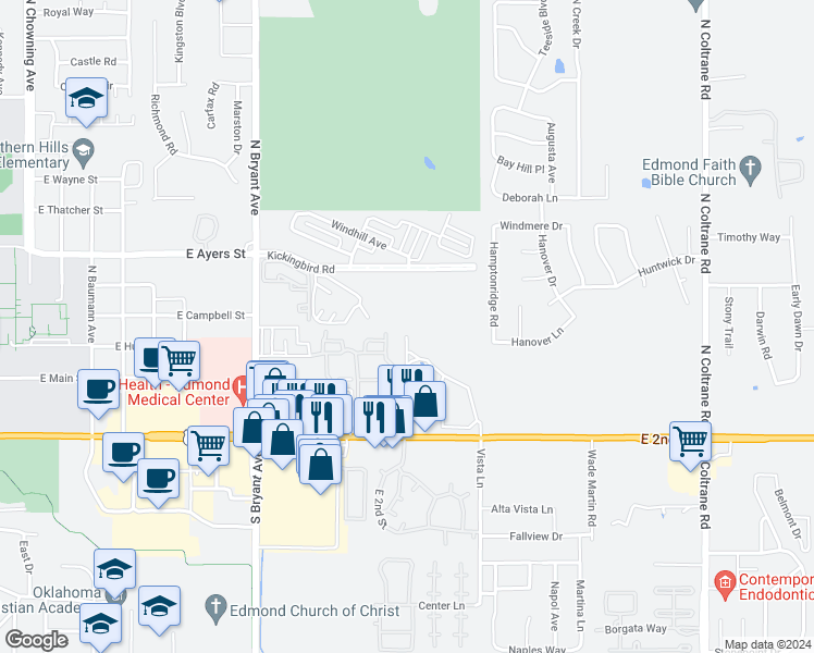 map of restaurants, bars, coffee shops, grocery stores, and more near 2133 East 2nd Street in Edmond