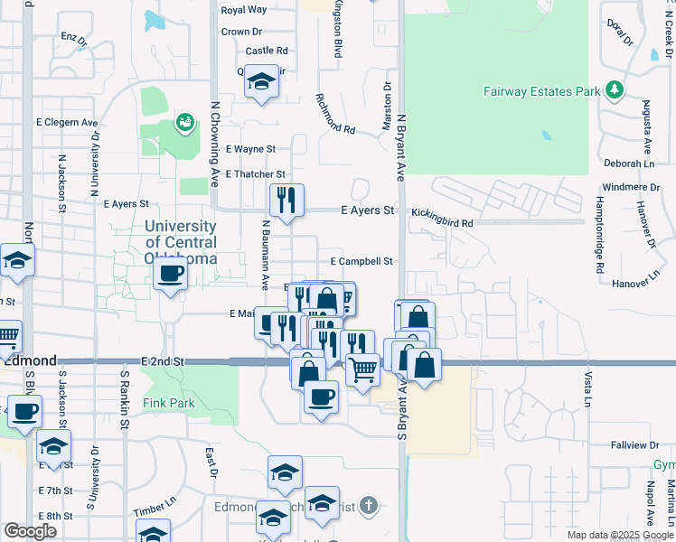 map of restaurants, bars, coffee shops, grocery stores, and more near 1216 East Campbell Street in Edmond