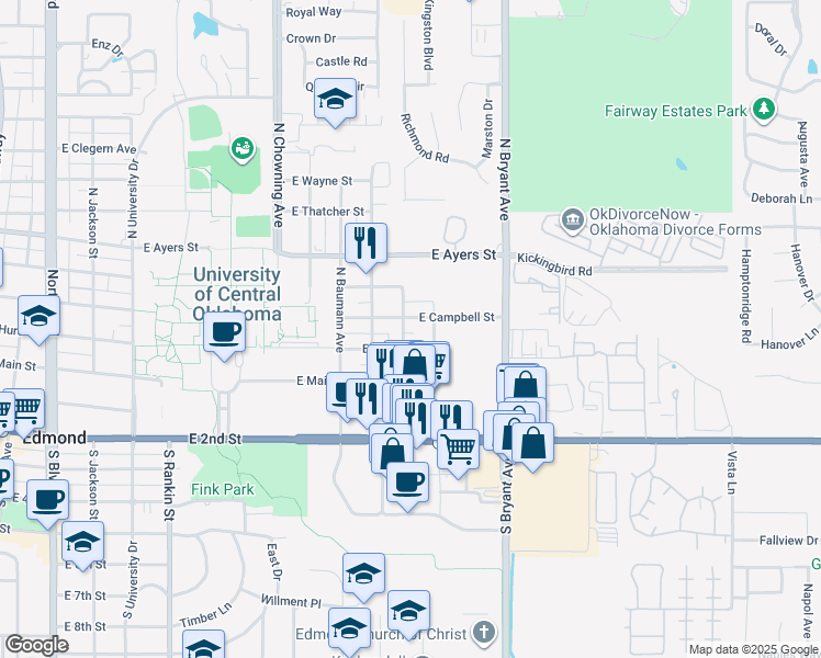map of restaurants, bars, coffee shops, grocery stores, and more near 1216 East Campbell Street in Edmond