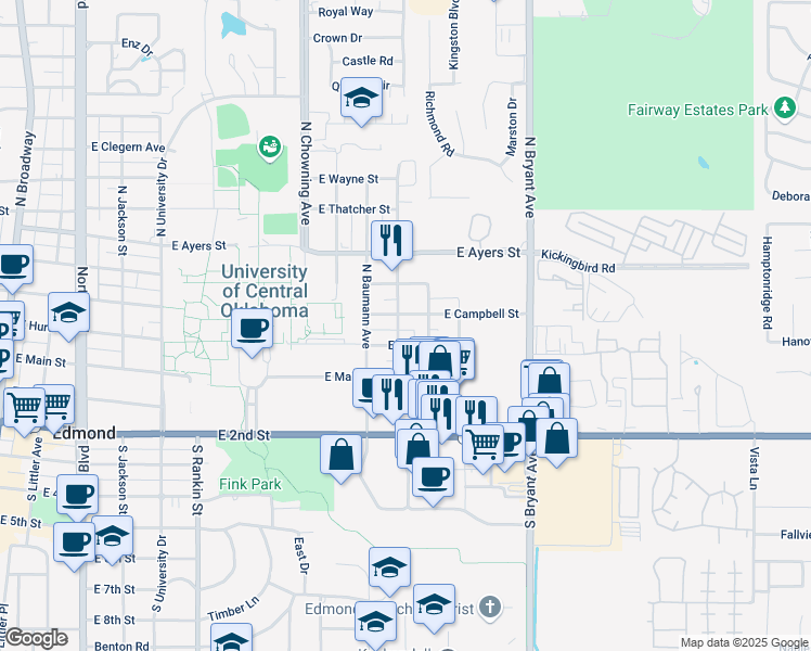 map of restaurants, bars, coffee shops, grocery stores, and more near 122 North Blackwelder Avenue in Edmond
