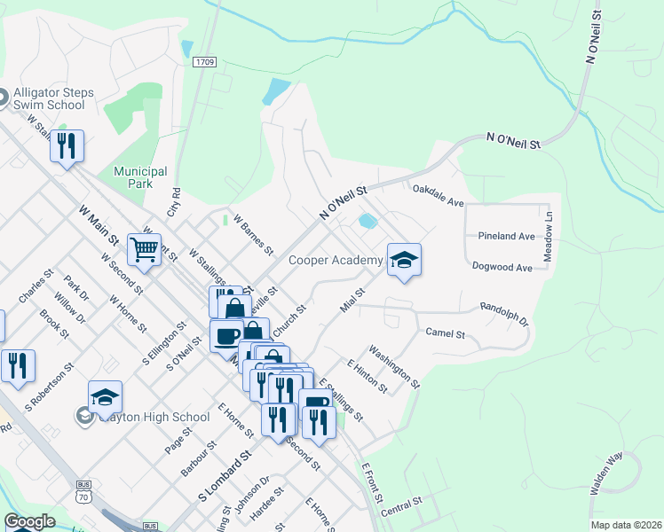 map of restaurants, bars, coffee shops, grocery stores, and more near 127 East Kennel Lane in Clayton